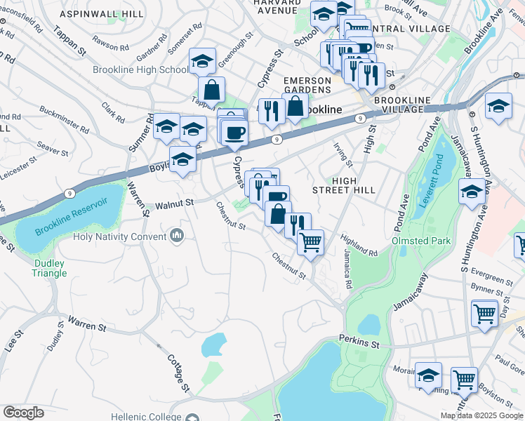 map of restaurants, bars, coffee shops, grocery stores, and more near 236 Cypress Street in Brookline