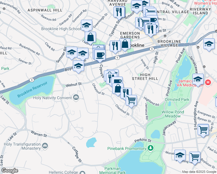 map of restaurants, bars, coffee shops, grocery stores, and more near 25 Prince Street in Brookline