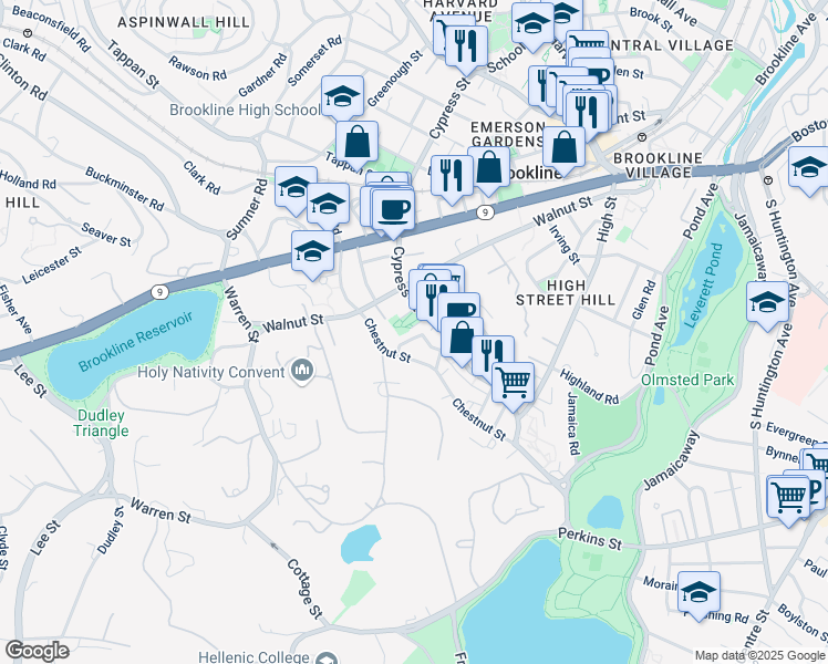 map of restaurants, bars, coffee shops, grocery stores, and more near 25 Prince Street in Brookline