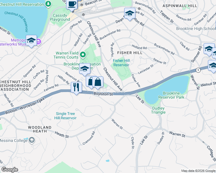 map of restaurants, bars, coffee shops, grocery stores, and more near 30 Eliot Street in Brookline