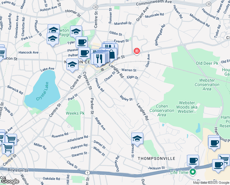 map of restaurants, bars, coffee shops, grocery stores, and more near 37 Knowles Street in Newton
