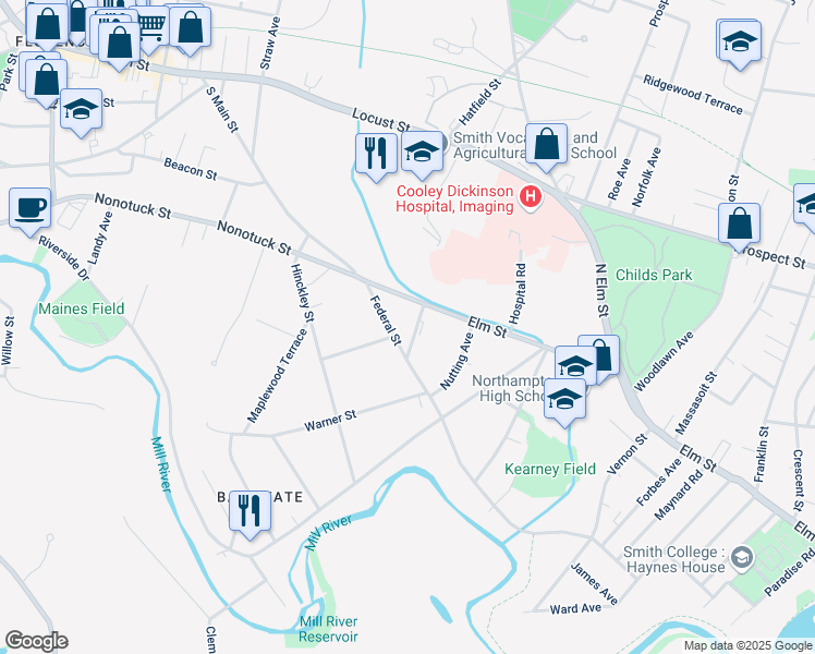 map of restaurants, bars, coffee shops, grocery stores, and more near 191 Federal Street in Northampton