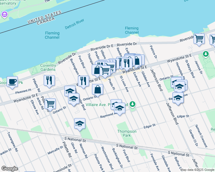 map of restaurants, bars, coffee shops, grocery stores, and more near 877 Prado Place in Windsor