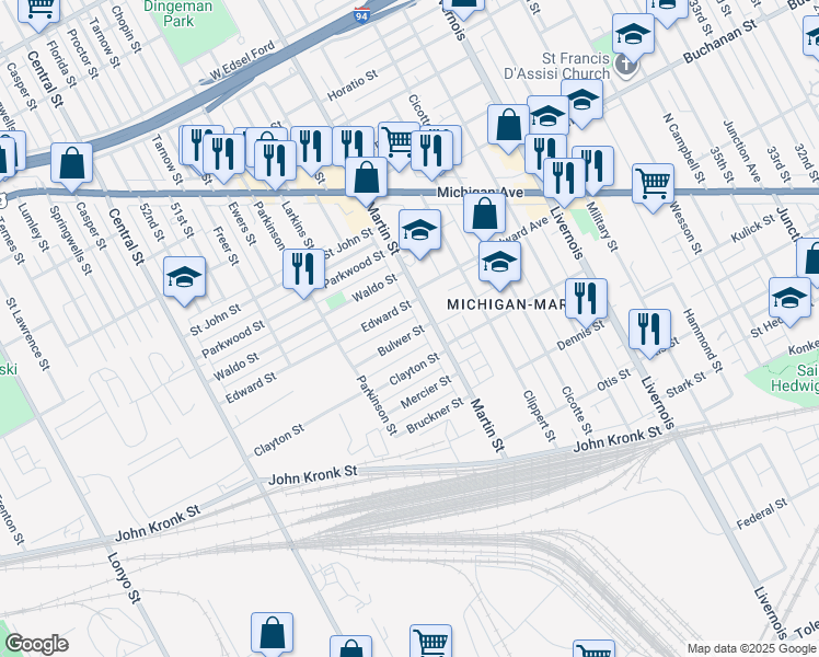 map of restaurants, bars, coffee shops, grocery stores, and more near 6847 Bulwer Street in Detroit