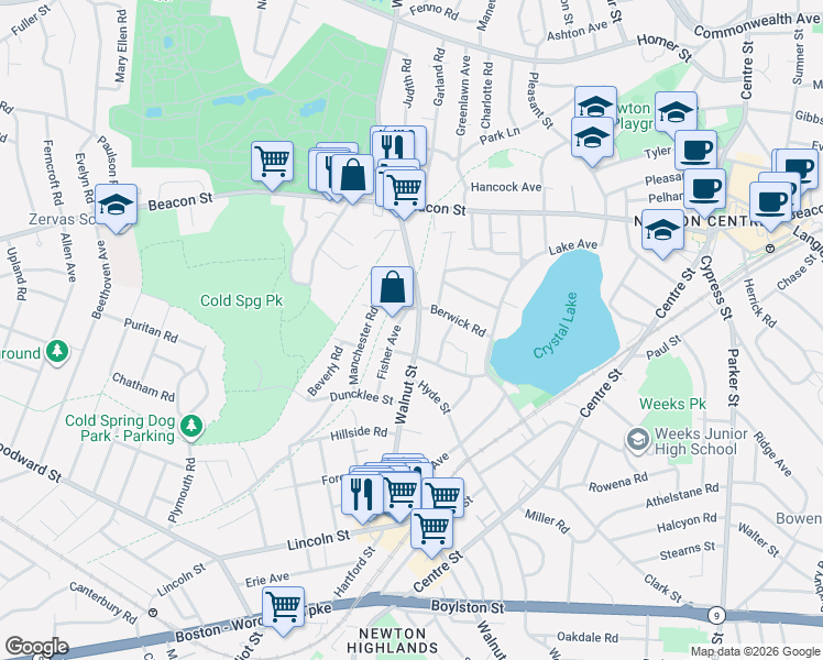 map of restaurants, bars, coffee shops, grocery stores, and more near 999 Walnut Street in Newton