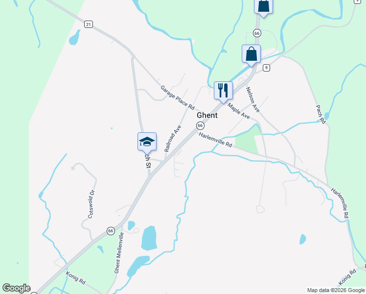 map of restaurants, bars, coffee shops, grocery stores, and more near 2275 Highway 66 in Ghent