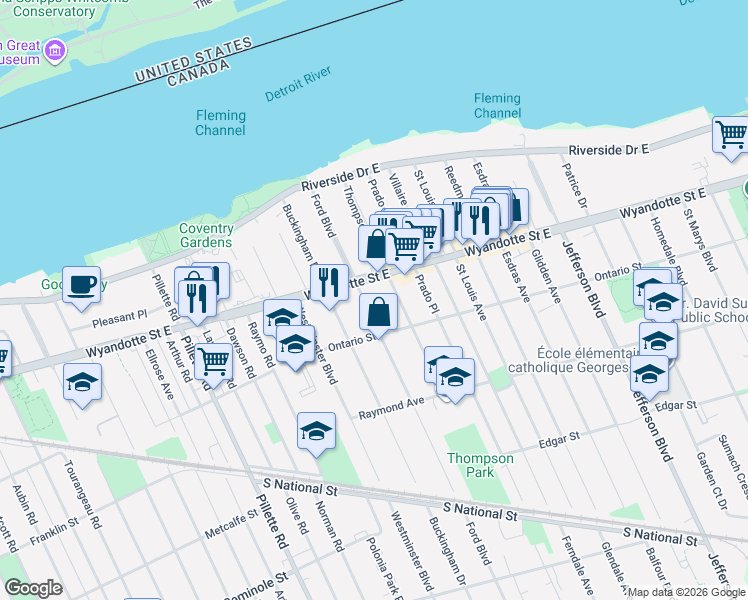 map of restaurants, bars, coffee shops, grocery stores, and more near in Windsor