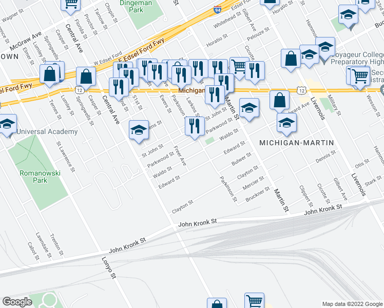 map of restaurants, bars, coffee shops, grocery stores, and more near 7154 Waldo Street in Detroit