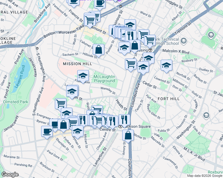 map of restaurants, bars, coffee shops, grocery stores, and more near 24 Wensley Street in Boston