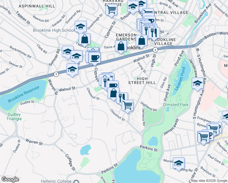 map of restaurants, bars, coffee shops, grocery stores, and more near 236 Cypress Street in Brookline