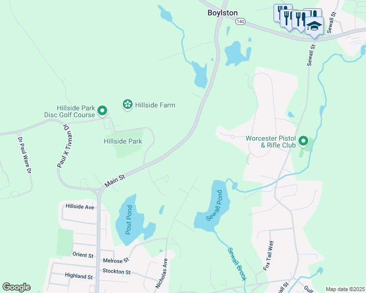 map of restaurants, bars, coffee shops, grocery stores, and more near 266 Main Street in Boylston
