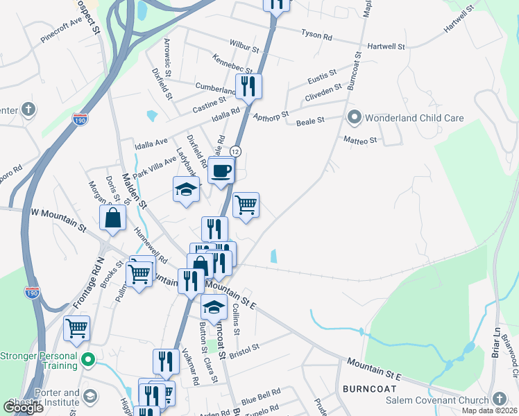 map of restaurants, bars, coffee shops, grocery stores, and more near 7 Burncoat Heights in Worcester