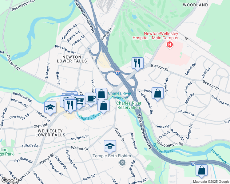 map of restaurants, bars, coffee shops, grocery stores, and more near Walnut Street in Newton
