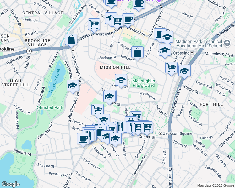 map of restaurants, bars, coffee shops, grocery stores, and more near 58 Lawn Street in Boston