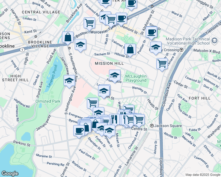 map of restaurants, bars, coffee shops, grocery stores, and more near 58 Lawn Street in Boston