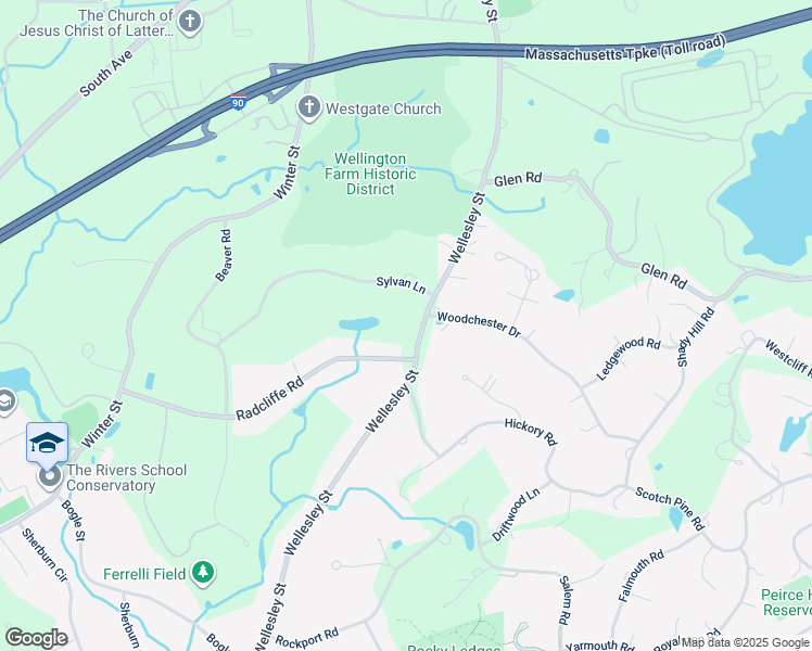 map of restaurants, bars, coffee shops, grocery stores, and more near 589 Wellesley Street in Weston