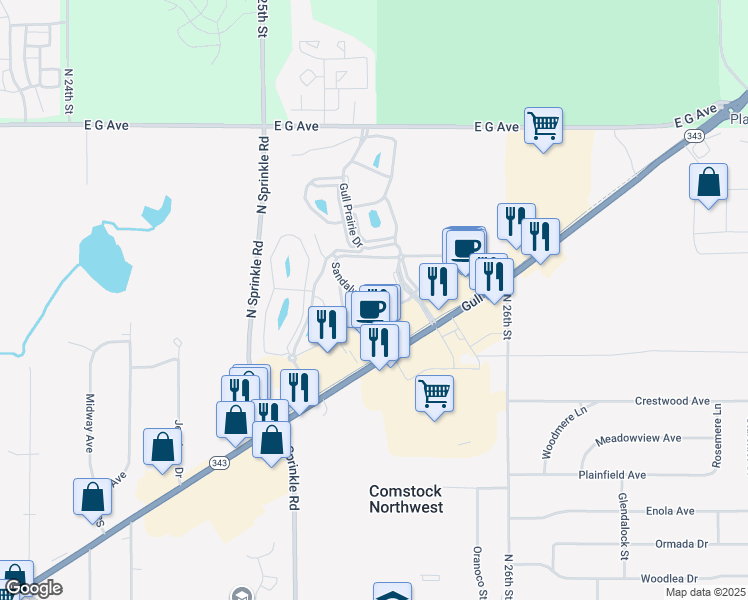 map of restaurants, bars, coffee shops, grocery stores, and more near 5749 Sandalwood Drive in Kalamazoo