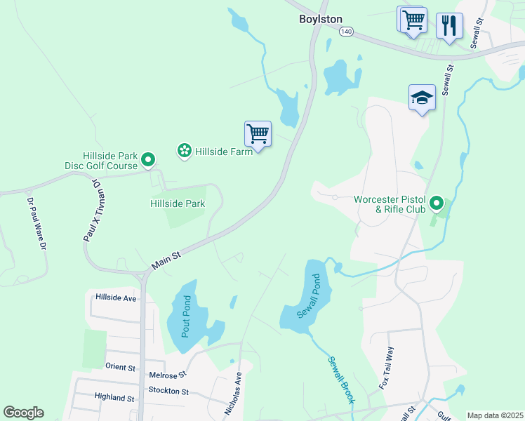 map of restaurants, bars, coffee shops, grocery stores, and more near 266 Main Street in Boylston