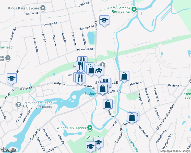 map of restaurants, bars, coffee shops, grocery stores, and more near 60 Elm Street in Framingham