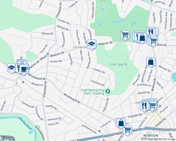 map of restaurants, bars, coffee shops, grocery stores, and more near 98 Beethoven Avenue in Newton