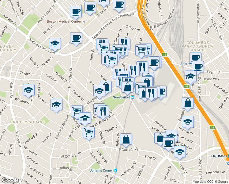 map of restaurants, bars, coffee shops, grocery stores, and more near 25 Proctor Street in Boston