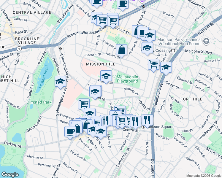 map of restaurants, bars, coffee shops, grocery stores, and more near 6 Bucknam Street in Boston