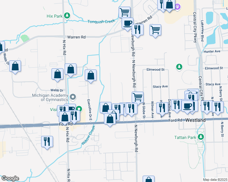 map of restaurants, bars, coffee shops, grocery stores, and more near 5922 Huff Street in Westland