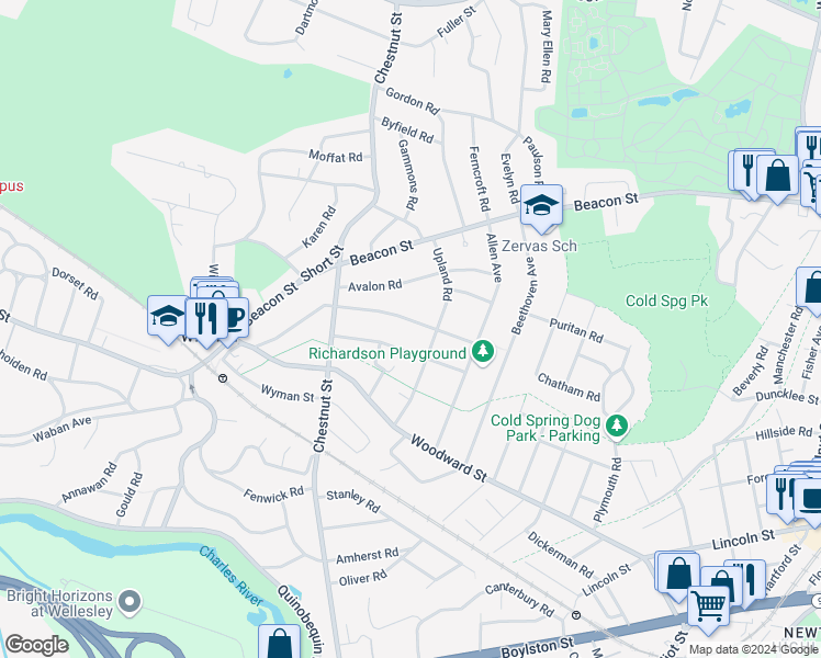map of restaurants, bars, coffee shops, grocery stores, and more near 56 Pine Ridge Road in Newton