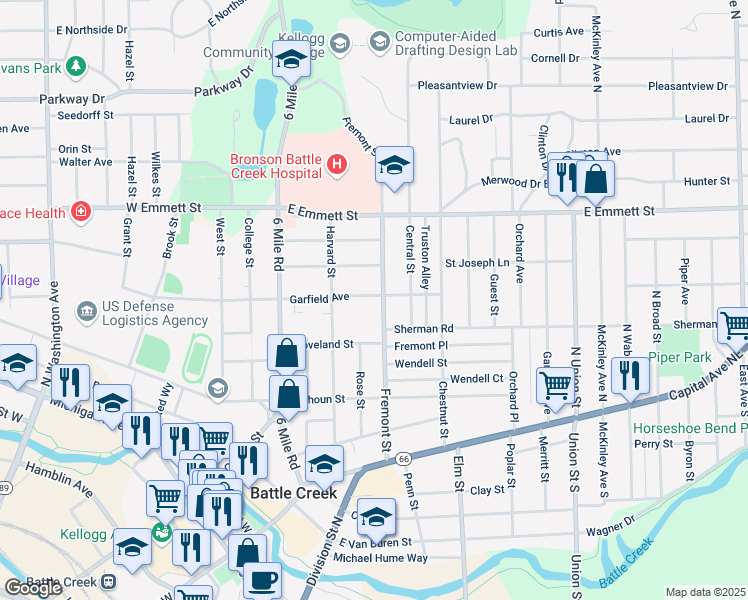 map of restaurants, bars, coffee shops, grocery stores, and more near 149 Fremont Street in Battle Creek
