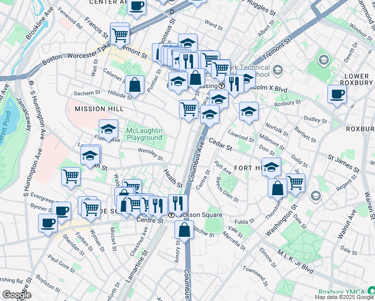 map of restaurants, bars, coffee shops, grocery stores, and more near 154 Terrace Street in Roxbury Crossing