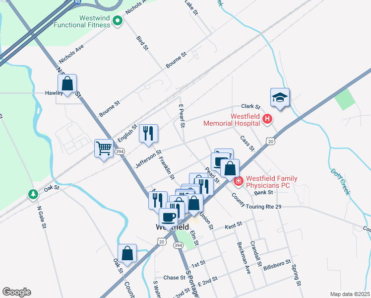 map of restaurants, bars, coffee shops, grocery stores, and more near 48 Pearl Street in Westfield