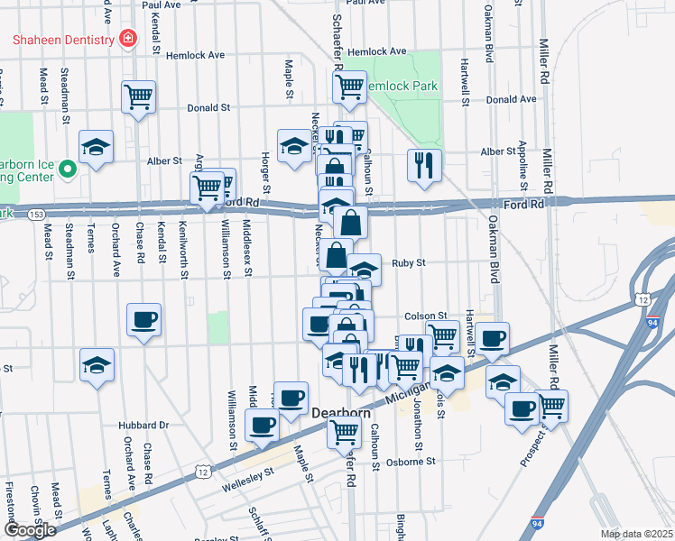 map of restaurants, bars, coffee shops, grocery stores, and more near 5401 Schaefer Road in Dearborn