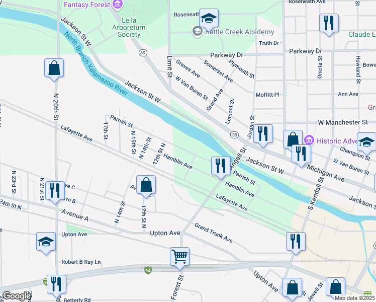 map of restaurants, bars, coffee shops, grocery stores, and more near 297 Parrish Street in Springfield