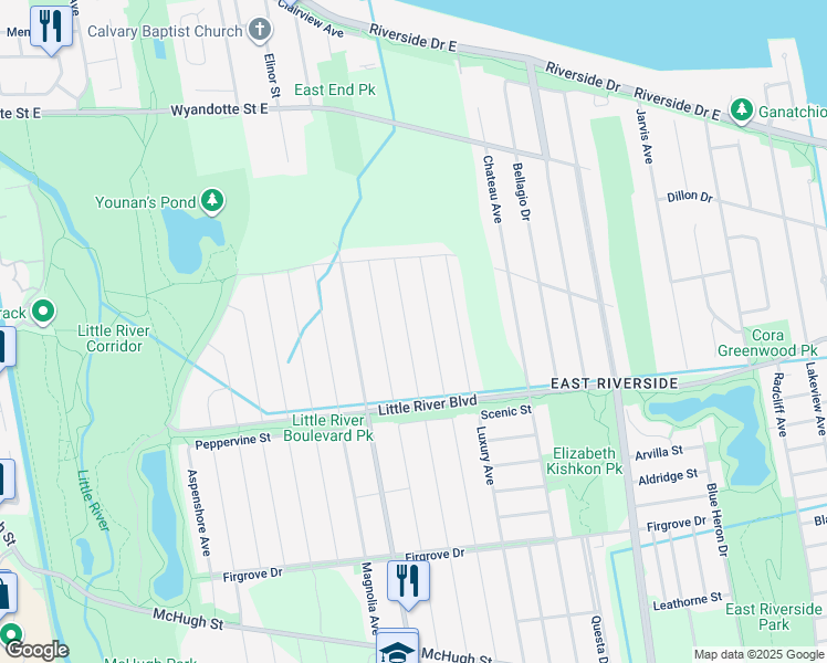 map of restaurants, bars, coffee shops, grocery stores, and more near 1106 Pearson Avenue in Windsor