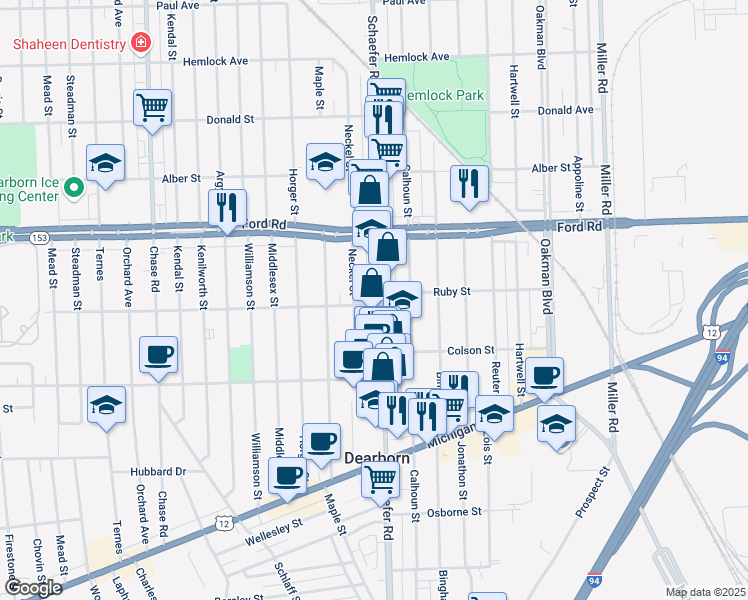 map of restaurants, bars, coffee shops, grocery stores, and more near 5401 Schaefer Road in Dearborn