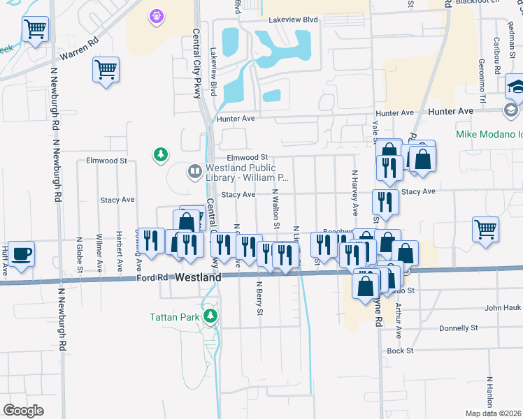 map of restaurants, bars, coffee shops, grocery stores, and more near 5912 North Berry Street in Westland