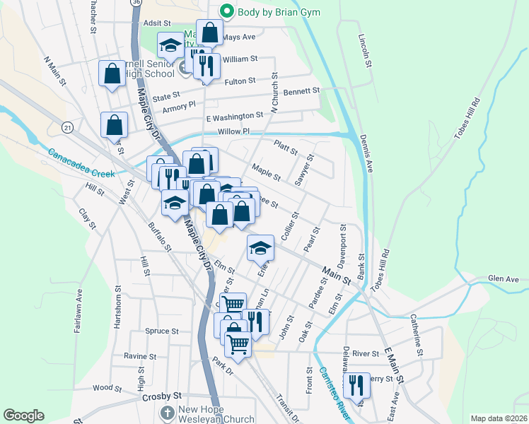 map of restaurants, bars, coffee shops, grocery stores, and more near 9-11 Hakes Avenue in Hornell