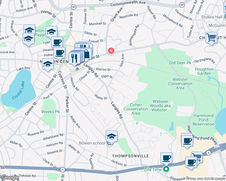 map of restaurants, bars, coffee shops, grocery stores, and more near 73 Glen Road in Newton