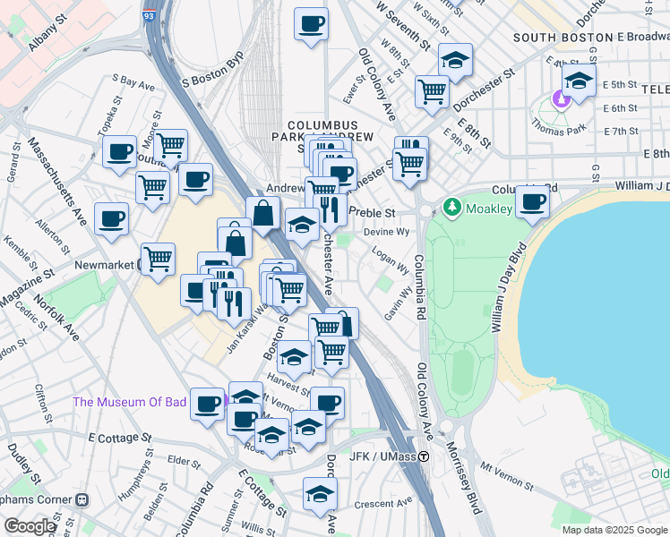 map of restaurants, bars, coffee shops, grocery stores, and more near 670 East 2nd Street in Boston