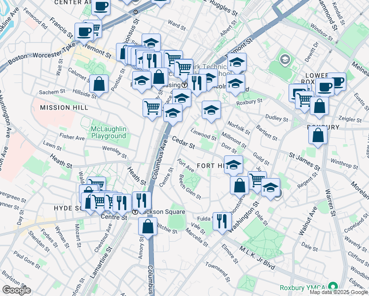 map of restaurants, bars, coffee shops, grocery stores, and more near 8 Highland Park Avenue in Boston