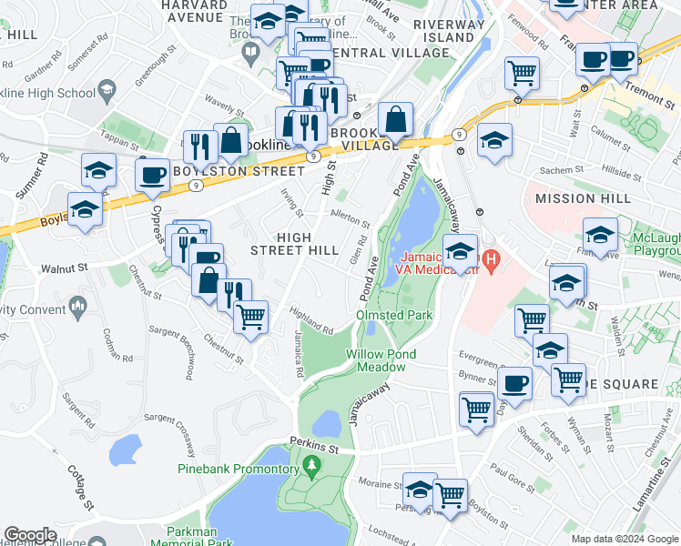 map of restaurants, bars, coffee shops, grocery stores, and more near 26 Edgehill Road in Brookline