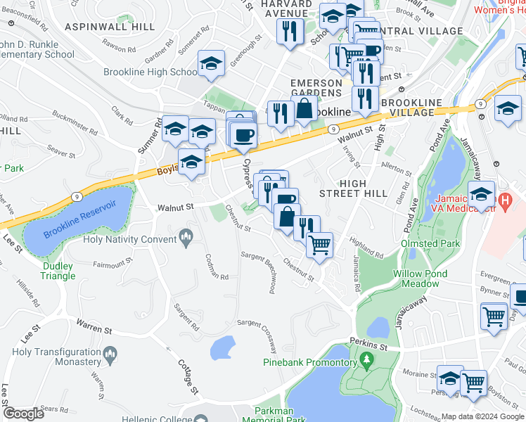 map of restaurants, bars, coffee shops, grocery stores, and more near 25 Prince Street in Brookline