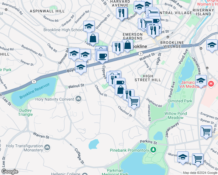 map of restaurants, bars, coffee shops, grocery stores, and more near 25 Prince Street in Brookline