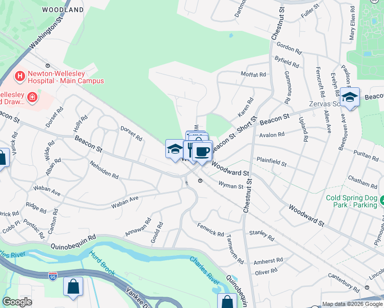 map of restaurants, bars, coffee shops, grocery stores, and more near 1649 Beacon Street in Newton