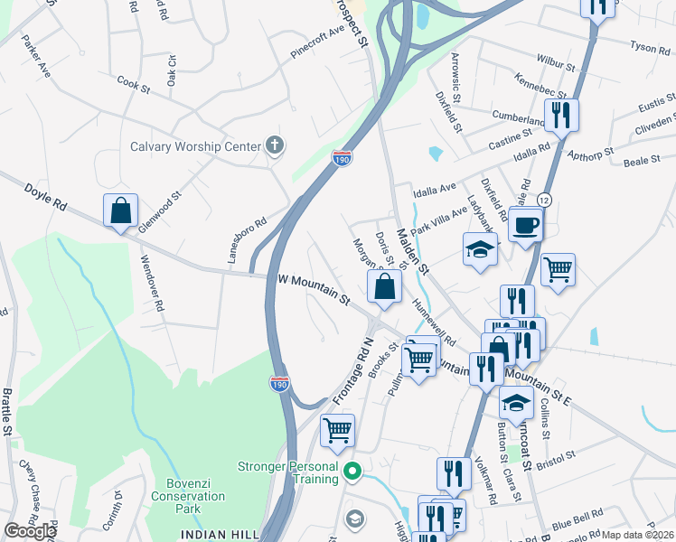map of restaurants, bars, coffee shops, grocery stores, and more near 13 Kenmore Street in Worcester