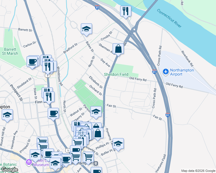 map of restaurants, bars, coffee shops, grocery stores, and more near 207 Bridge Street in Northampton