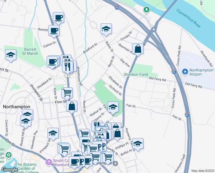map of restaurants, bars, coffee shops, grocery stores, and more near 24 Orchard Street in Northampton