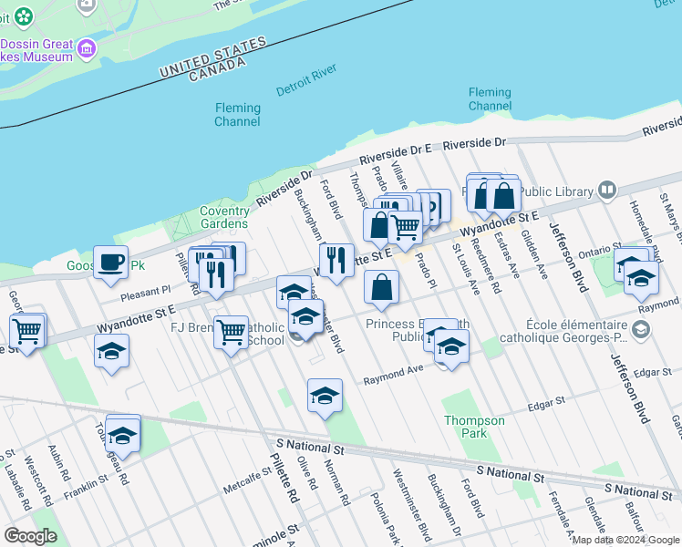 map of restaurants, bars, coffee shops, grocery stores, and more near 825 Buckingham Road in Windsor