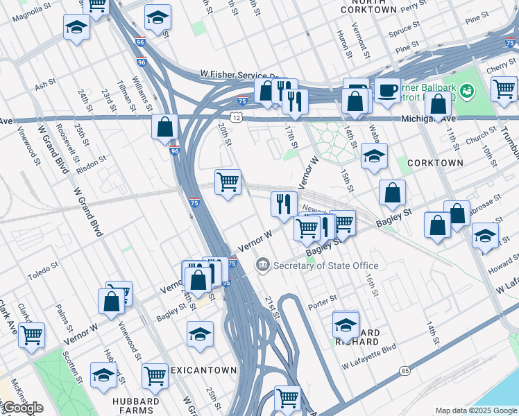 map of restaurants, bars, coffee shops, grocery stores, and more near 1871 20th Street in Detroit