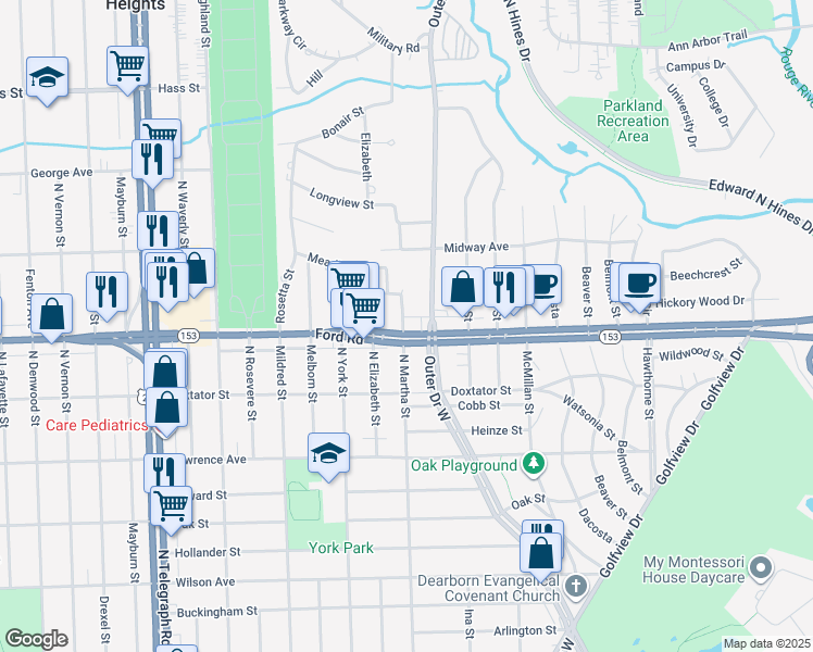 map of restaurants, bars, coffee shops, grocery stores, and more near in Wayne County